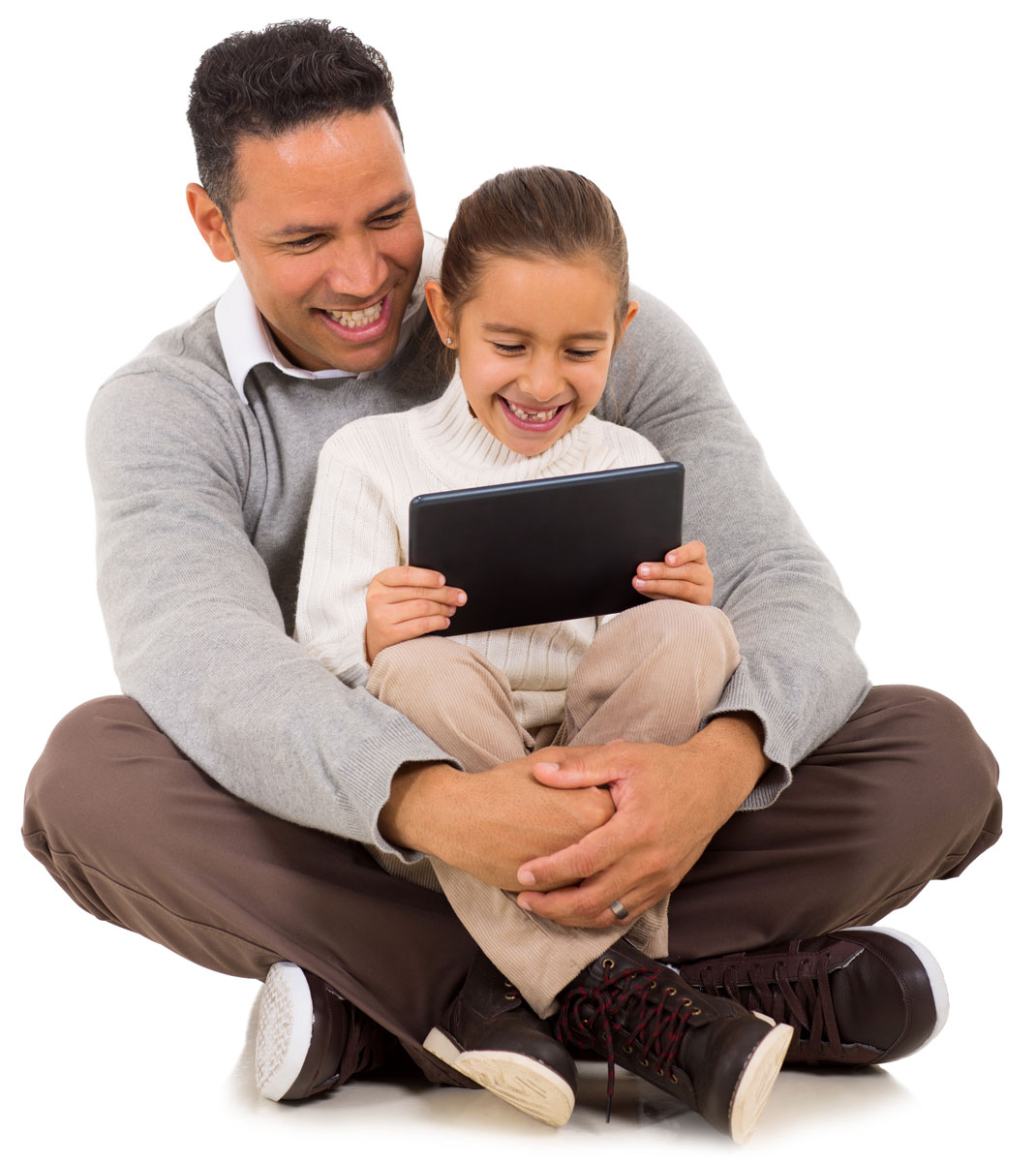 Father and daughter smiling and using a tablet
