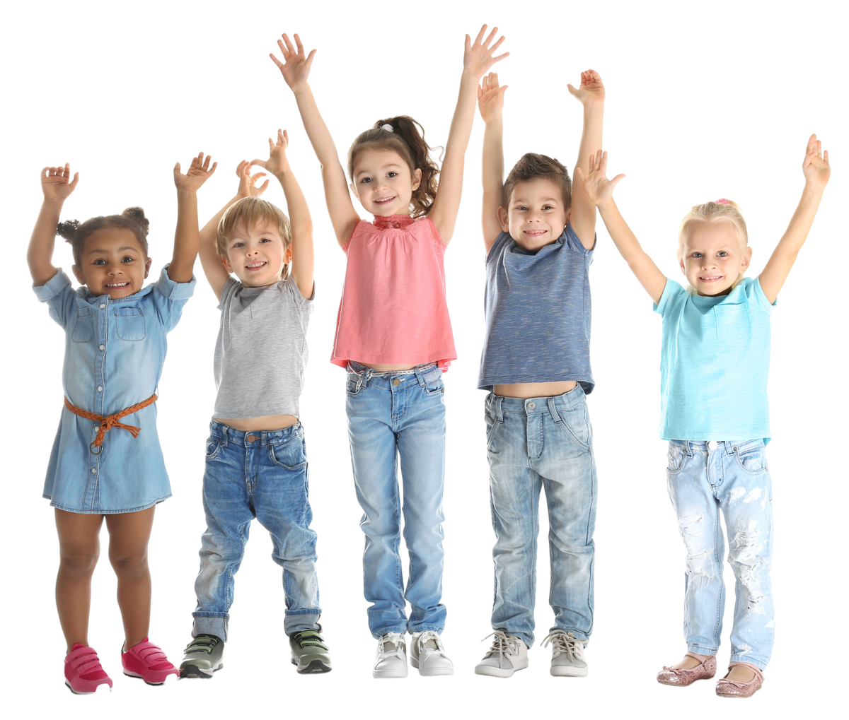Group of happy children with their arms up in the air.
